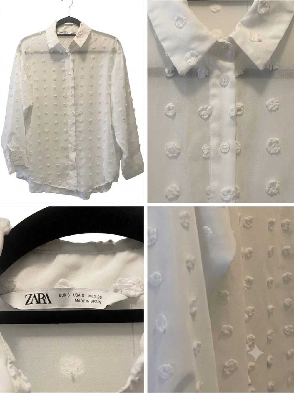 ZARA Cream Off White Sheer Pom Polka Dot Texture Romantic Button Front Blouse